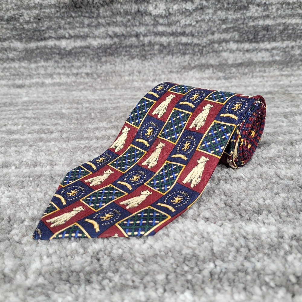 Tommy Hilfiger Y2K‎ 90s Mens Tie Red Blue Plaid Dog Crest Heraldic Westie Preppy